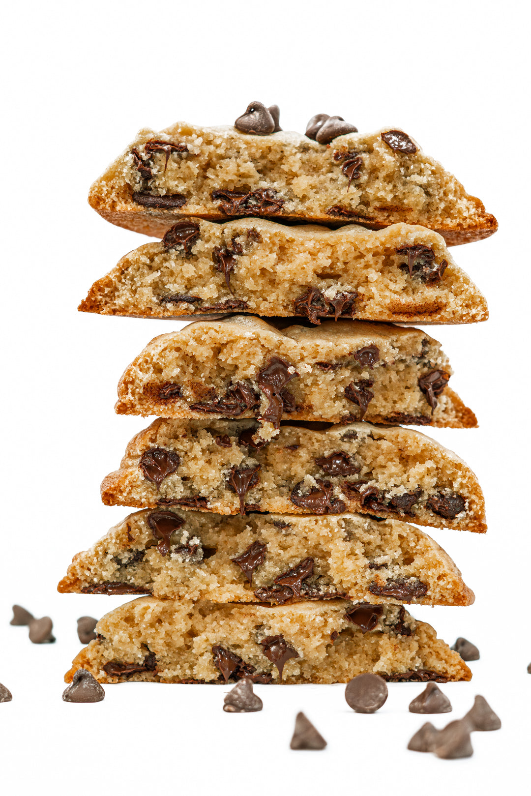 giant stack of thick bakery style chocolate chip cookies