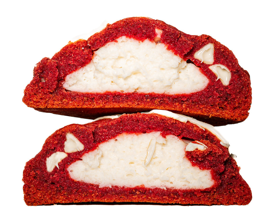 thick red velvet cookie stuffed with cheesecake filling.